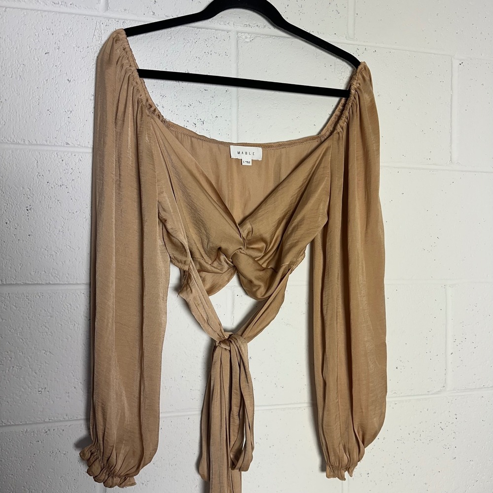 Mable Tan Satin Twist Front‎ Tie Long Sleeve Off Shoulder Crop Top MT1170 Small